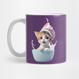 Calico kitten with bathing cap splashing in her bathtub Mug